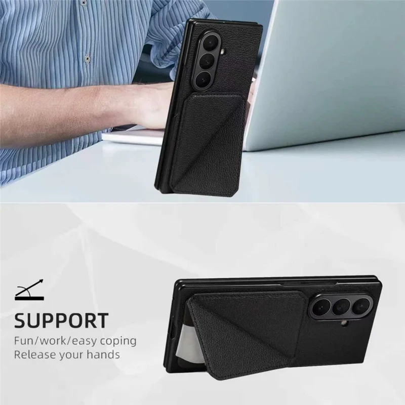 For Samsung Galaxy Z Fold7 5G Case Card Holder Kickstand Calf Textured Leather + PC + TPU Phone Cover - Black