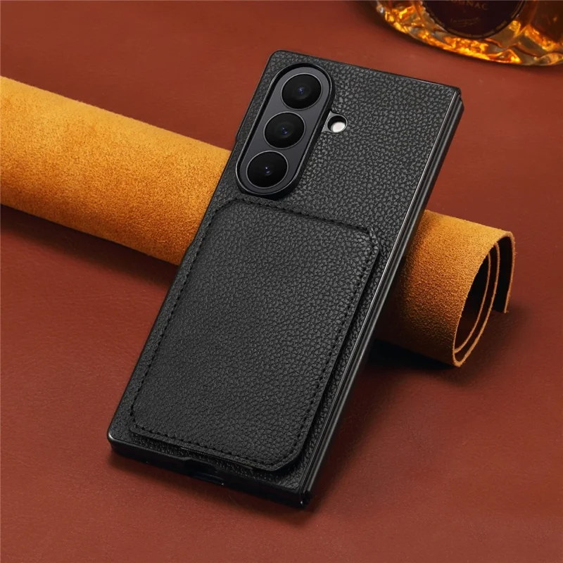 For Samsung Galaxy Z Fold7 5G Case Card Holder Kickstand Calf Textured Leather + PC + TPU Phone Cover - Black