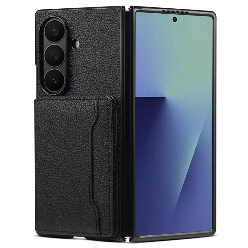 For Samsung Galaxy Z Fold7 5G Case with Card Slots Kickstand Calf Texture Leather Phone Back Cover - Black