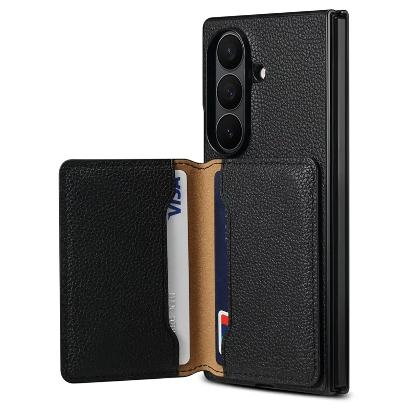 For Samsung Galaxy Z Fold7 5G Case with Card Slots Kickstand Calf Texture Leather Phone Back Cover - Black