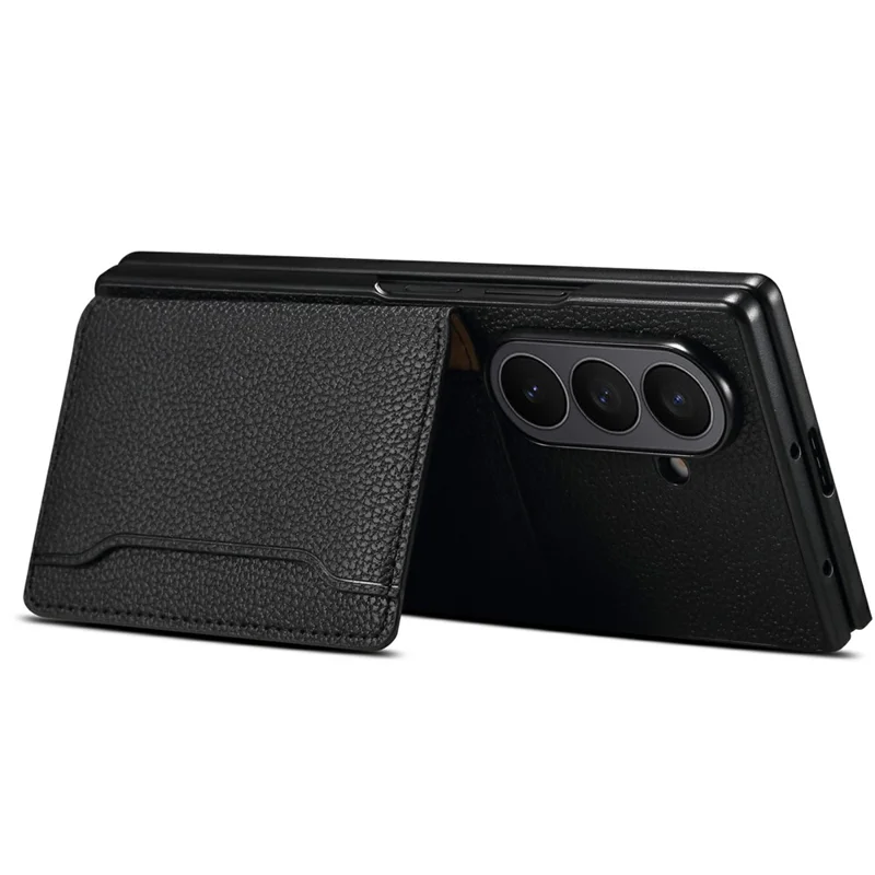 For Samsung Galaxy Z Fold7 5G Case with Card Slots Kickstand Calf Texture Leather Phone Back Cover - Black