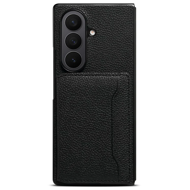 For Samsung Galaxy Z Fold7 5G Case with Card Slots Kickstand Calf Texture Leather Phone Back Cover - Black