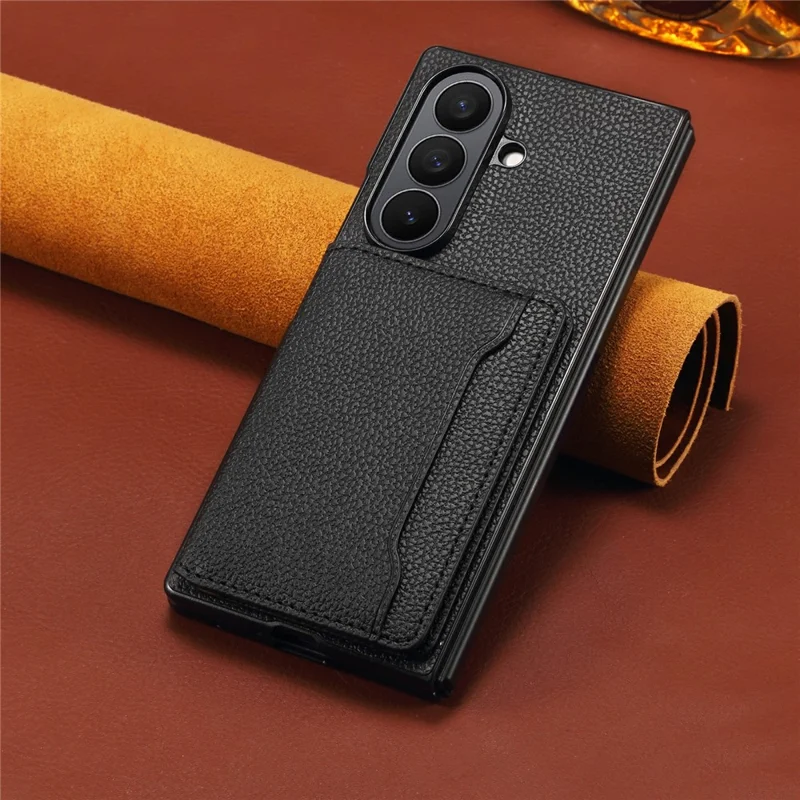 For Samsung Galaxy Z Fold7 5G Case with Card Slots Kickstand Calf Texture Leather Phone Back Cover - Black