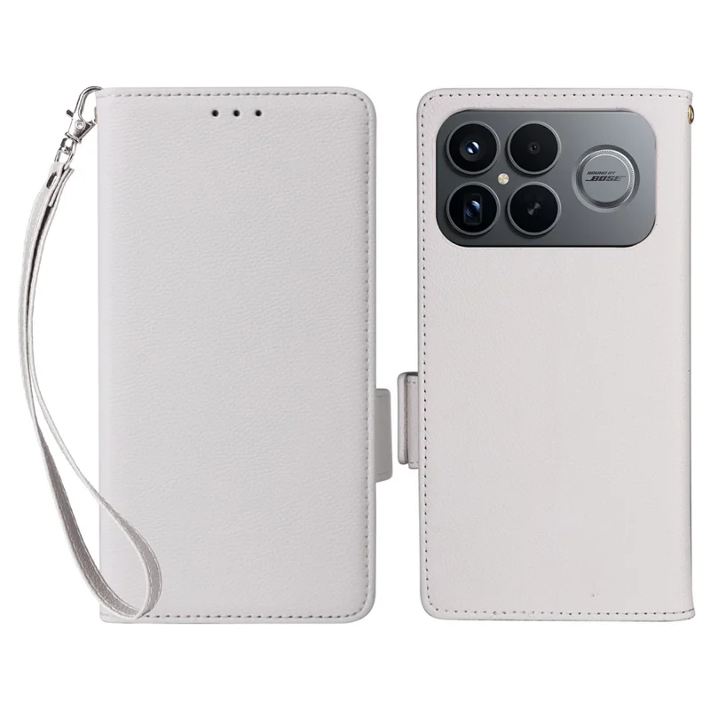 For Xiaomi Poco F8 Ultra / Redmi K90 Pro Max 5G Case Litchi Texture Wallet Leather Phone Cover with Wrist Strap - White