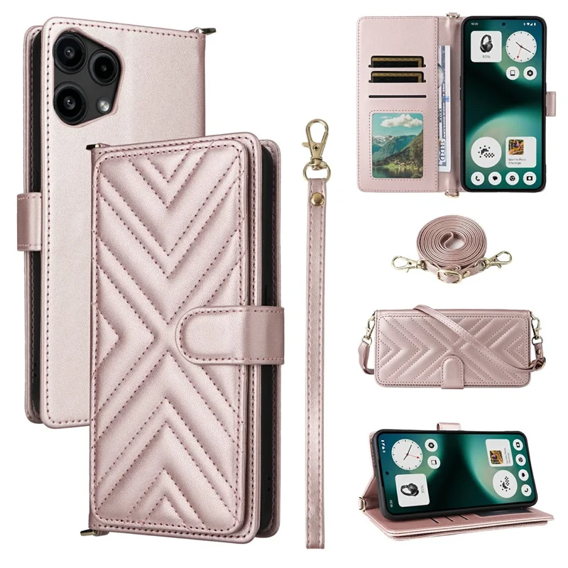 For Nothing Phone (3a) Lite 5G Leather Case Stand Wallet Phone Cover with Shoulder / Wrist Strap - Pink