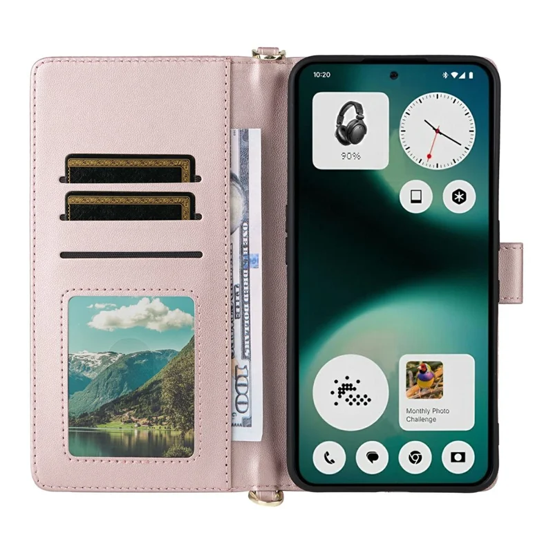 For Nothing Phone (3a) Lite 5G Leather Case Stand Wallet Phone Cover with Shoulder / Wrist Strap - Pink