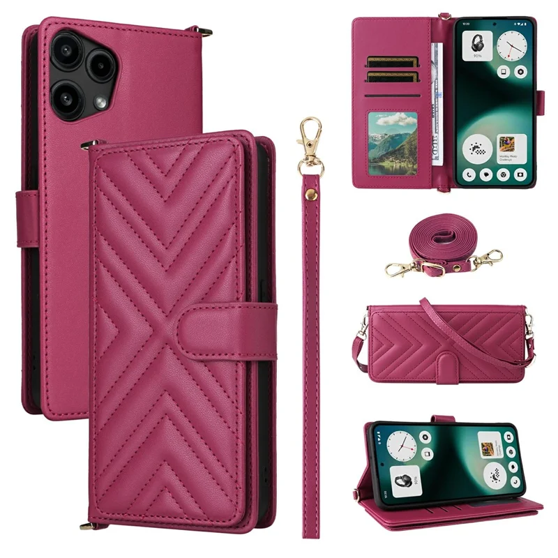 For Nothing Phone (3a) Lite 5G Leather Case Stand Wallet Phone Cover with Shoulder / Wrist Strap - Rose