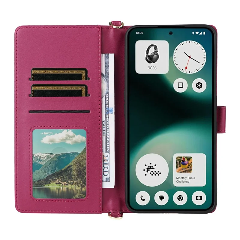 For Nothing Phone (3a) Lite 5G Leather Case Stand Wallet Phone Cover with Shoulder / Wrist Strap - Rose