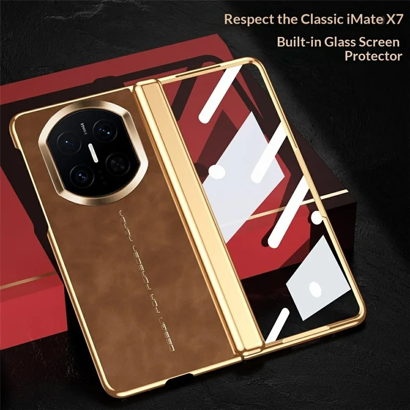 For Huawei Mate X7 Case PU Leather + PC Phone Cover with Tempered Glass Screen Film - White