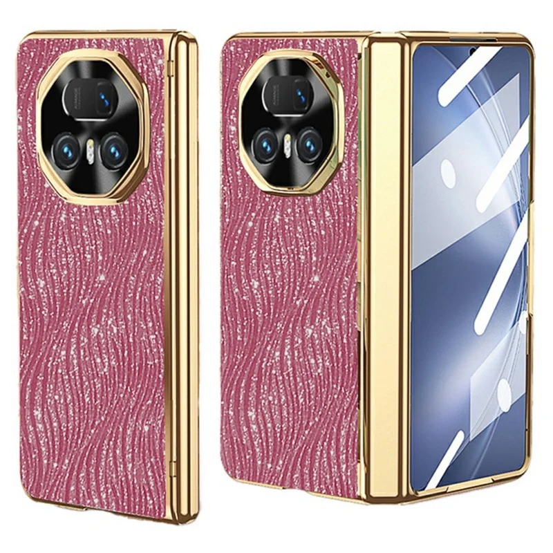 For Honor Magic V5 5G Case Water Ripple Texture Leather + PC Phone Cover with Tempered Glass Screen Film - Pink