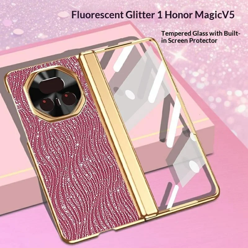 For Honor Magic V5 5G Case Water Ripple Texture Leather + PC Phone Cover with Tempered Glass Screen Film - Pink