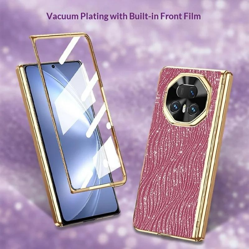 For Honor Magic V5 5G Case Water Ripple Texture Leather + PC Phone Cover with Tempered Glass Screen Film - Pink