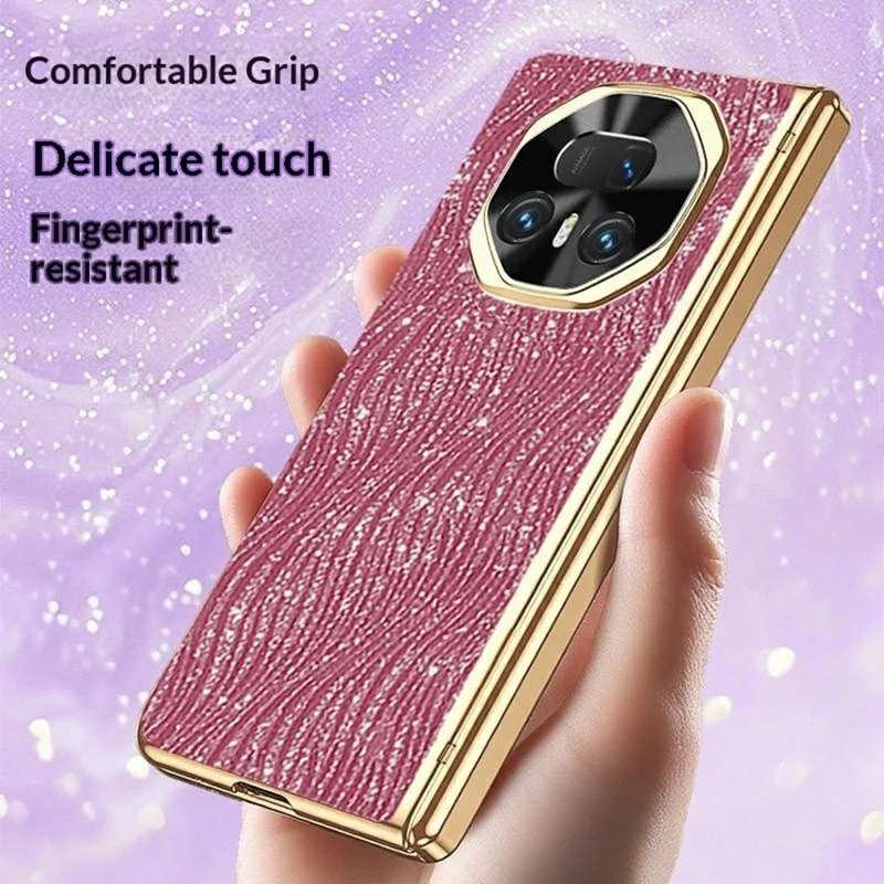 For Honor Magic V5 5G Case Water Ripple Texture Leather + PC Phone Cover with Tempered Glass Screen Film - Pink