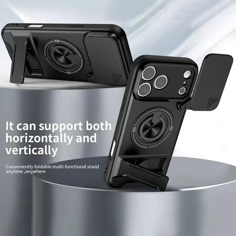 Bulk Purchasing For iPhone 17 Pro Magnetic Case Rotary Kickstand TPU + PC Phone Cover with Lens Guard - Black