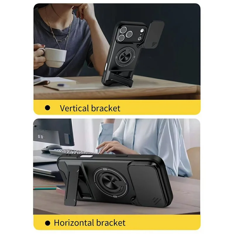 Bulk Purchasing For iPhone 17 Pro Magnetic Case Rotary Kickstand TPU + PC Phone Cover with Lens Guard - Black