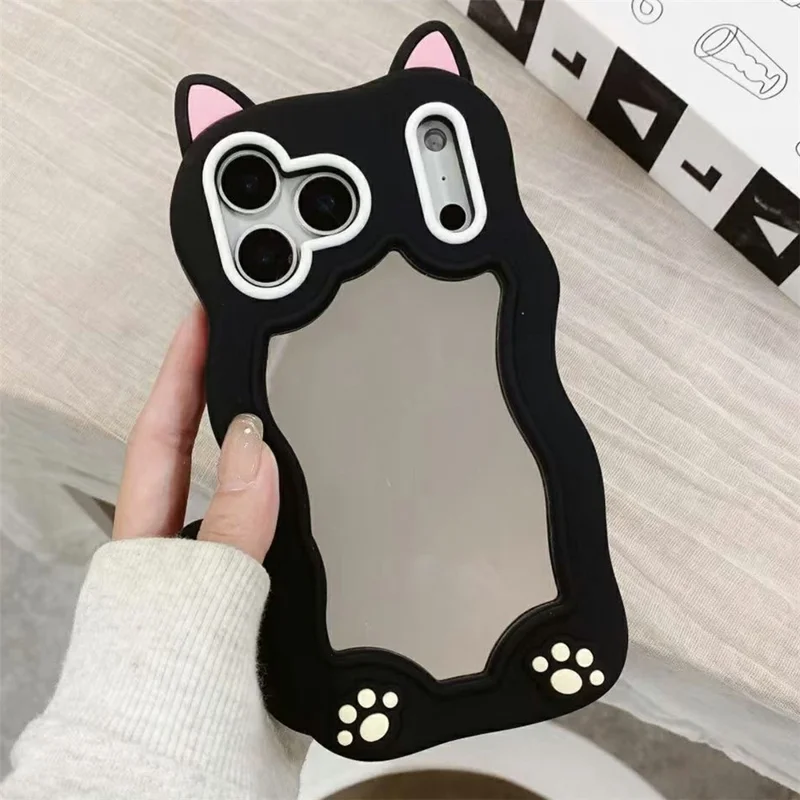 Bulk Purchasing For iPhone 17 Pro Case Cute Cat Ear Acrylic + Silicone Phone Cover with Mirror - Black