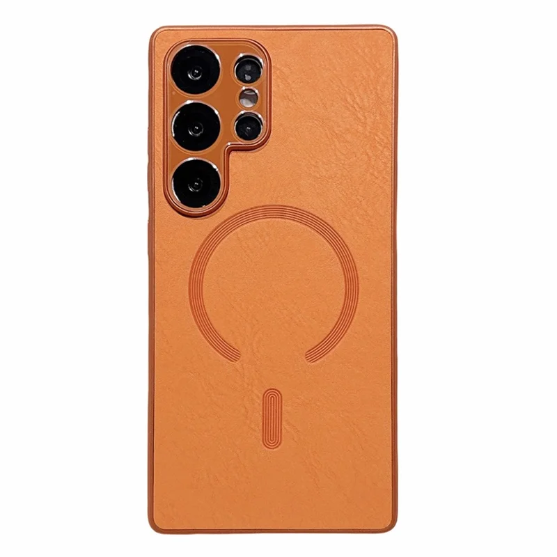 For Samsung Galaxy S25 Ultra Magnetic Case Leather Coated PC + TPU Phone Cover - Orange