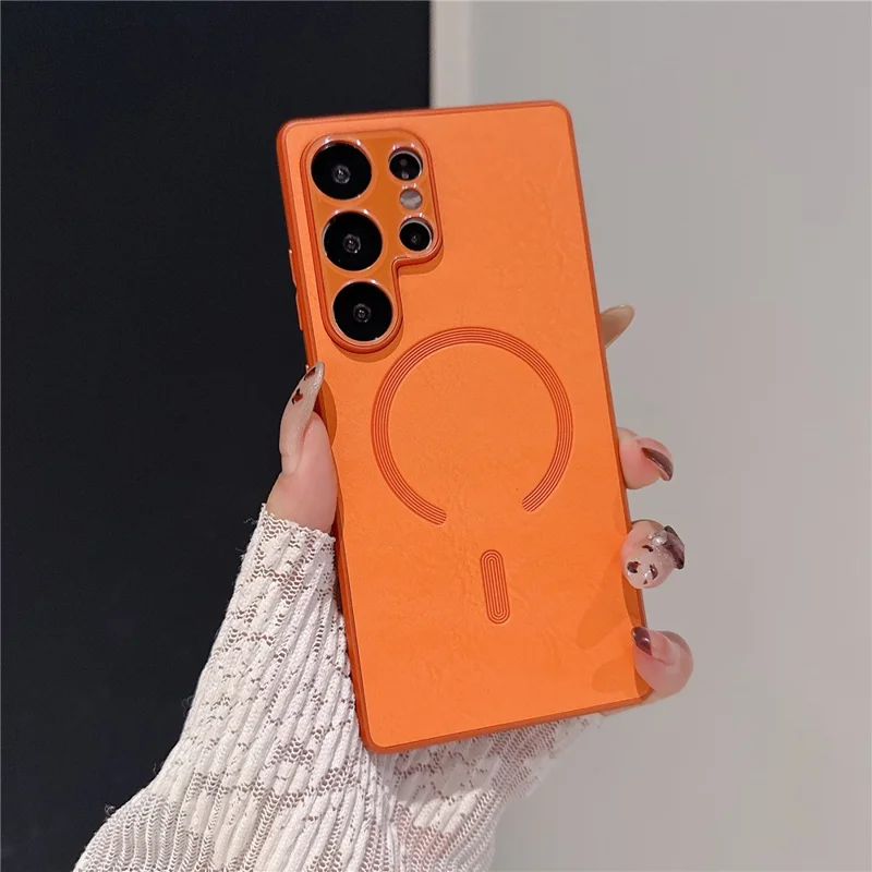 For Samsung Galaxy S25 Ultra Magnetic Case Leather Coated PC + TPU Phone Cover - Orange