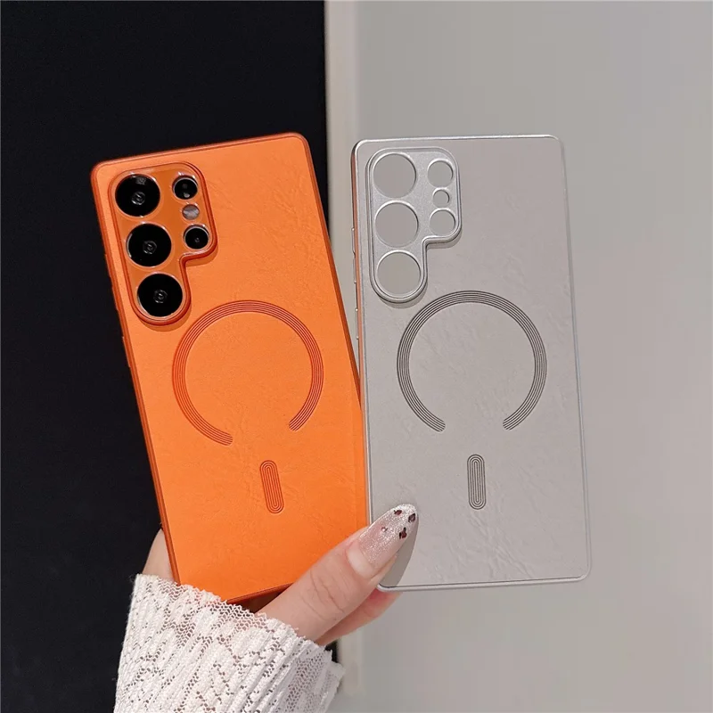 For Samsung Galaxy S25 Ultra Magnetic Case Leather Coated PC + TPU Phone Cover - Orange