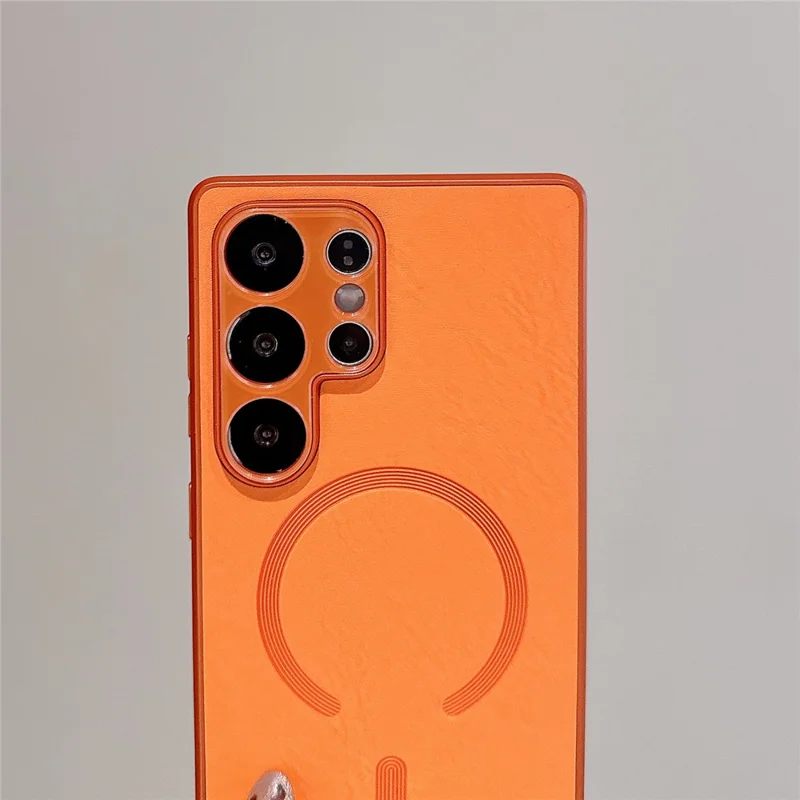 For Samsung Galaxy S25 Ultra Magnetic Case Leather Coated PC + TPU Phone Cover - Orange