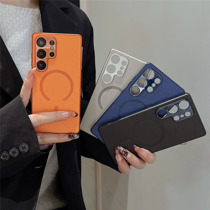 For Samsung Galaxy S25 Ultra Magnetic Case Leather Coated PC + TPU Phone Cover - Orange