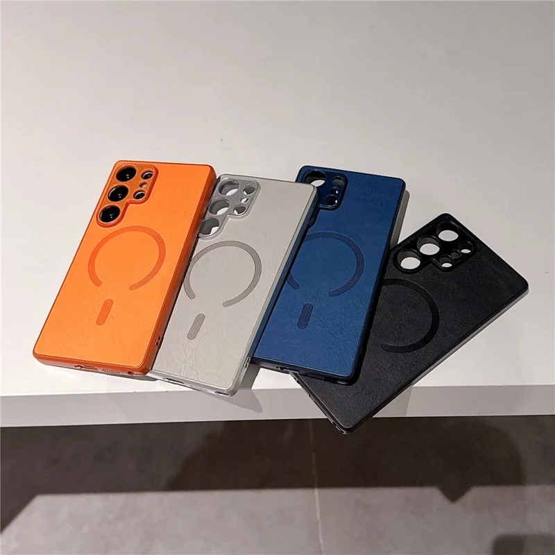 For Samsung Galaxy S25 Ultra Magnetic Case Leather Coated PC + TPU Phone Cover - Orange