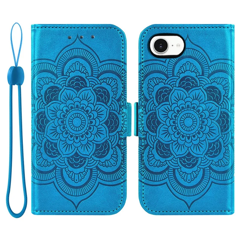 For iPhone 16e Case Peony Imprinted  TPU PU Leather Wallet Phone Cover with Wrist Strap - Blue