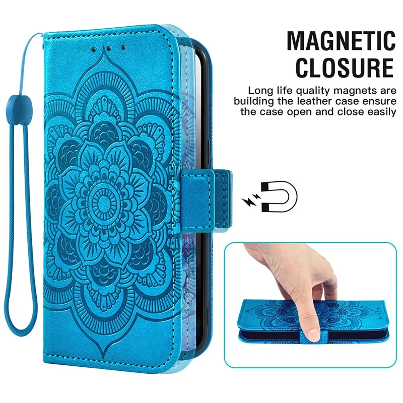 For iPhone 16e Case Peony Imprinted  TPU PU Leather Wallet Phone Cover with Wrist Strap - Blue