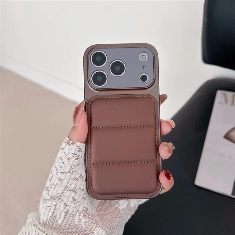 For iPhone 17 Pro Max Case Down Jacket Design Skin-touch PU Leather Coated PC + TPU Phone Cover - Brown