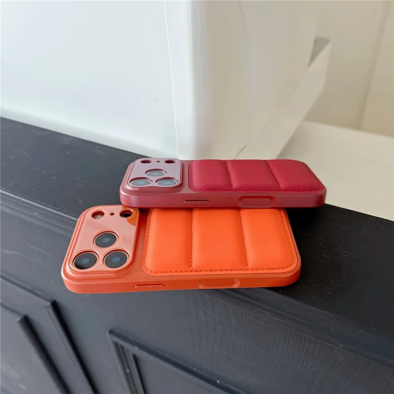 For iPhone 17 Pro Max Case Down Jacket Design Skin-touch PU Leather Coated PC + TPU Phone Cover - Brown