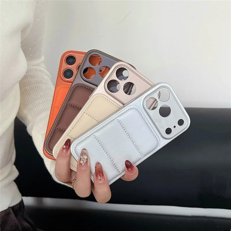 For iPhone 17 Pro Max Case Down Jacket Design Skin-touch PU Leather Coated PC + TPU Phone Cover - Brown