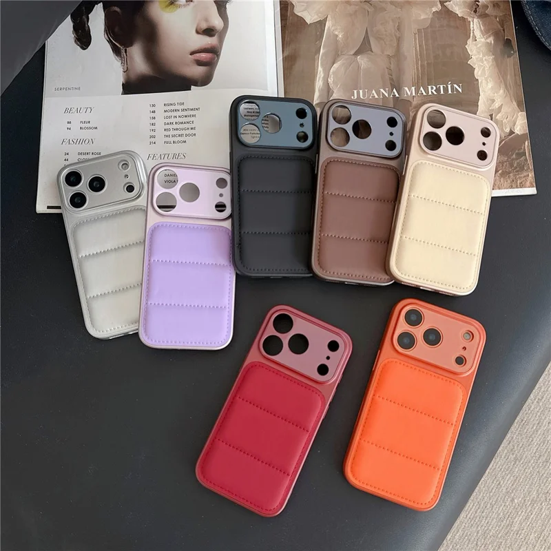 For iPhone 17 Pro Max Case Down Jacket Design Skin-touch PU Leather Coated PC + TPU Phone Cover - Brown