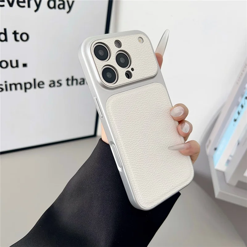 For iPhone 16 Pro Max Case Precise Cutouts Textured PU Leather Coated PC + TPU Phone Cover - White
