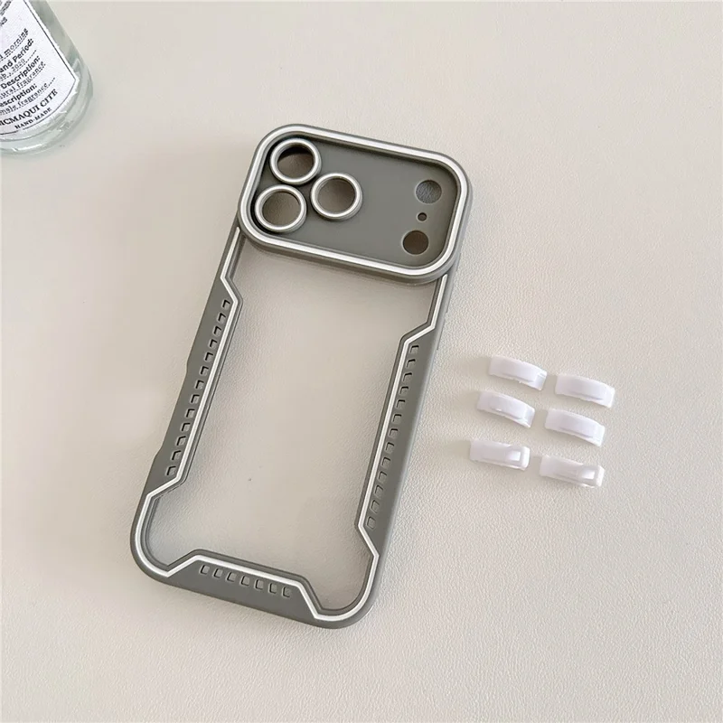 Für iPhone 17 Pro Hülle Kontrastfarbene Epoxidharz-PC + TPU-Handyhülle mit Handschlaufe und 6 abnehmbaren Eckschutzkappen - Grau