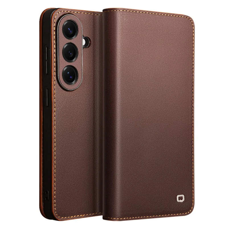 QIALINO For Samsung Galaxy S26+ Case Wallet Flip Stand Phone Cover Genuine Cow Leather - Brown