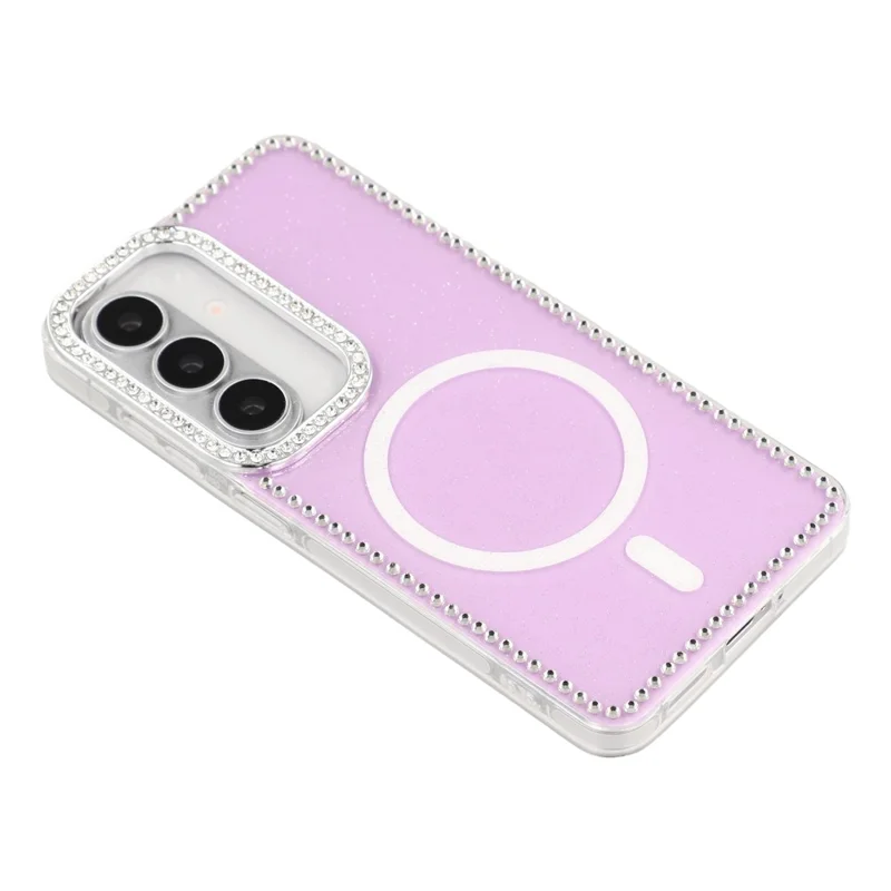For Samsung Galaxy S26 Magnetic Case Rhinestone Edge Glitter Back TPU + PC IMD Phone Cover - Glitter Light Purple