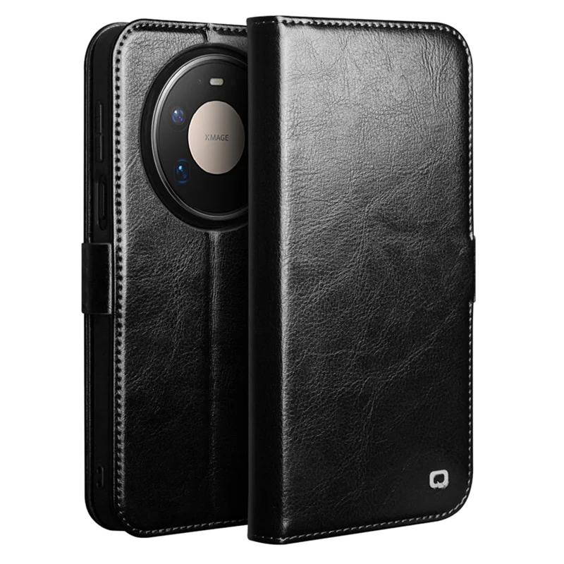 QIALINO Custodia per Huawei Mate 80 Pro Max in Vera Pelle di Mucca con Supporto e Portafoglio - Nero
