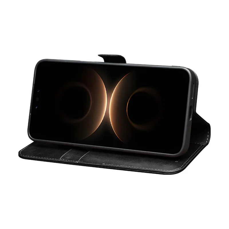 QIALINO Custodia per Huawei Mate 80 Pro Max in Vera Pelle di Mucca con Supporto e Portafoglio - Nero