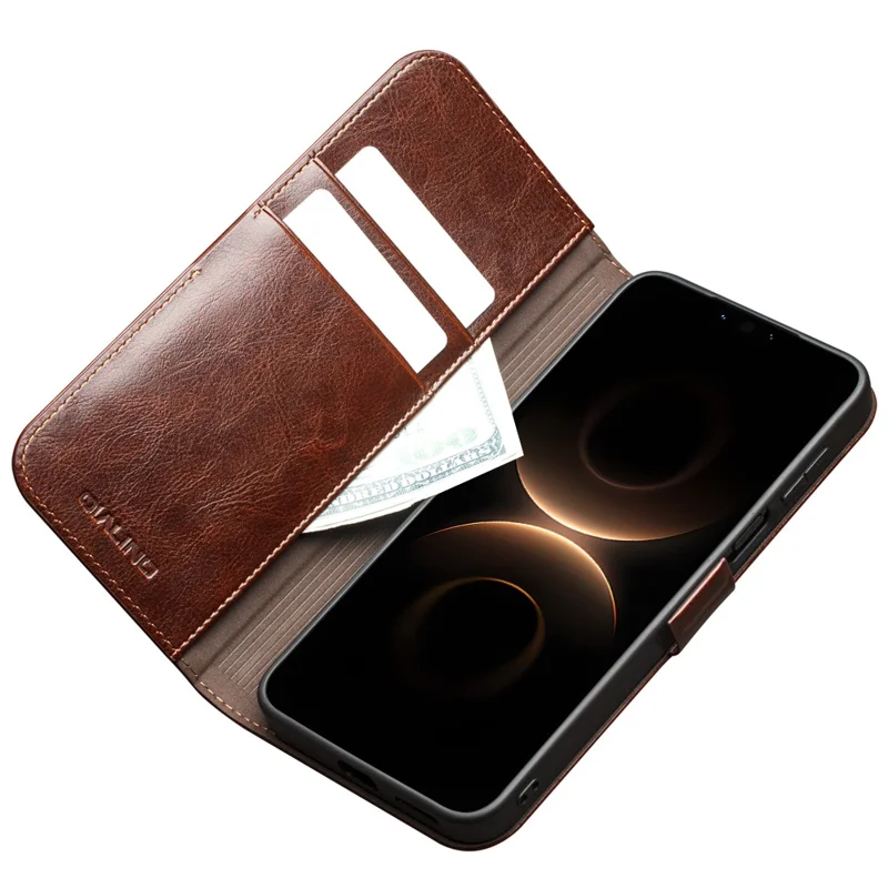 QIALINO til Huawei Mate 80 hylster i ægte kuulæder med stå og wallettelefondæksel - Brun