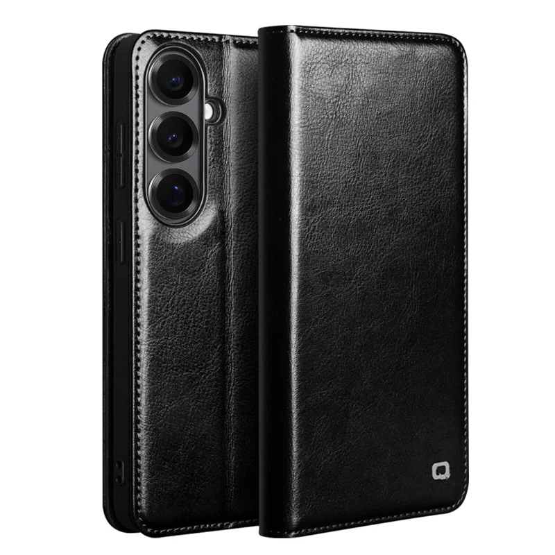 QIALINO For Samsung Galaxy S26 Wallet Case Genuine Cow Leather Phone Cover Card Holder Stand - Black - 1