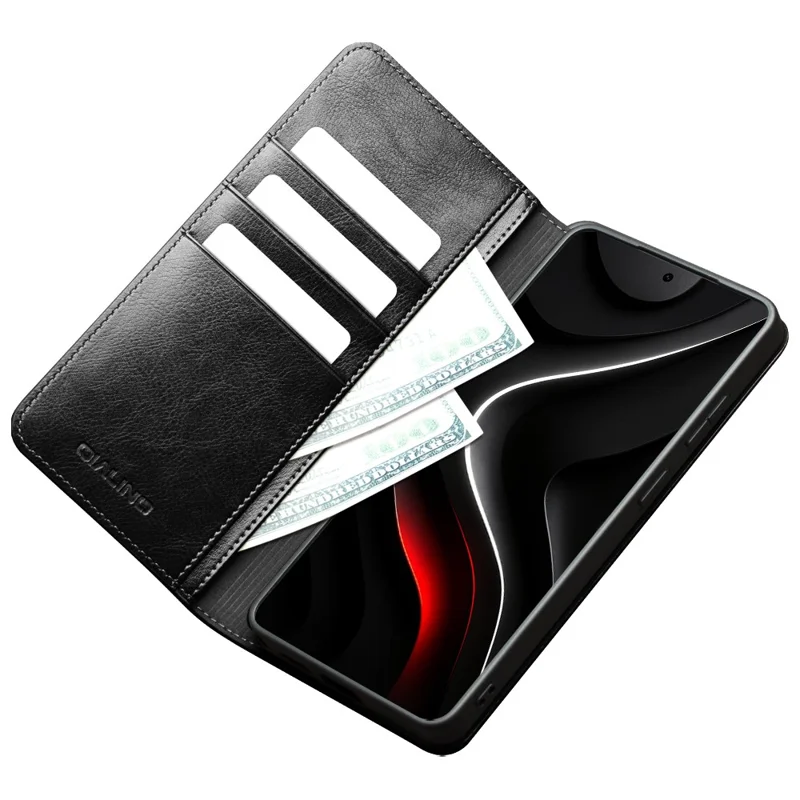 QIALINO For Samsung Galaxy S26 Wallet Case Genuine Cow Leather Phone Cover Card Holder Stand - Black - 3
