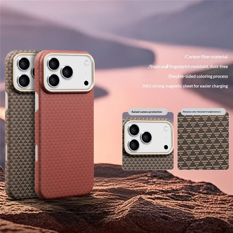 X-LEVEL Чехол для iPhone 17 Pro Max, совместимый с MagSafe, треугольная текстура, углеволокно, золотой цвет