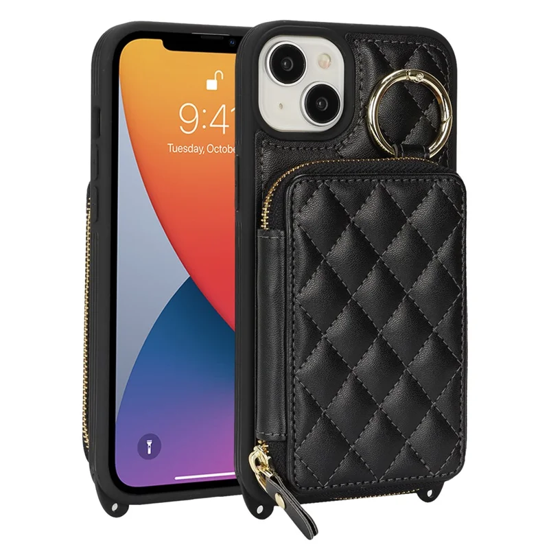Coque pour iPhone 14 / 13 avec Porte-bagues, Poche à Glissière, Support, Revêtement Arrière en Cuir et Sangle d'Épaule Détachable - Noir