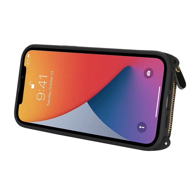 Coque pour iPhone 14 / 13 avec Porte-bagues, Poche à Glissière, Support, Revêtement Arrière en Cuir et Sangle d'Épaule Détachable - Noir