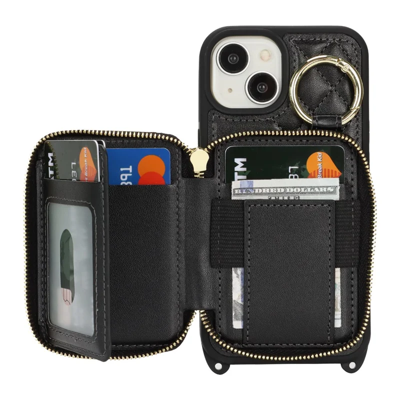 Coque pour iPhone 14 / 13 avec Porte-bagues, Poche à Glissière, Support, Revêtement Arrière en Cuir et Sangle d'Épaule Détachable - Noir