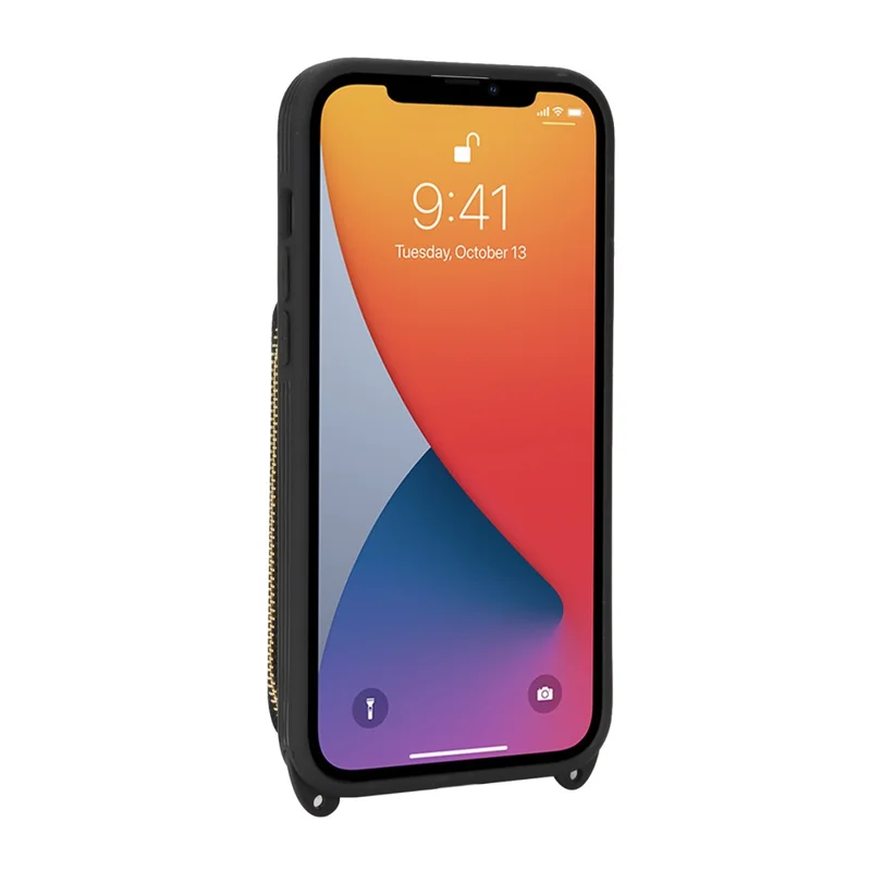 Coque pour iPhone 14 / 13 avec Porte-bagues, Poche à Glissière, Support, Revêtement Arrière en Cuir et Sangle d'Épaule Détachable - Noir