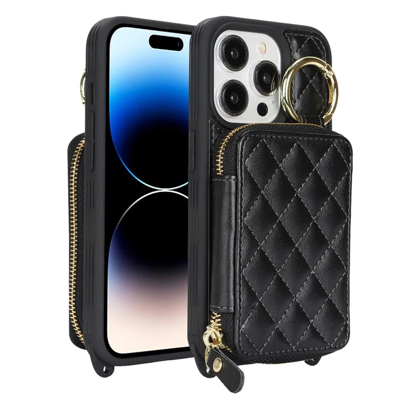 For iPhone 14 Pro Case Ring Holder Zipper Pocket Kickstand Leather Back Phone Cover with Shoulder Strap - Black