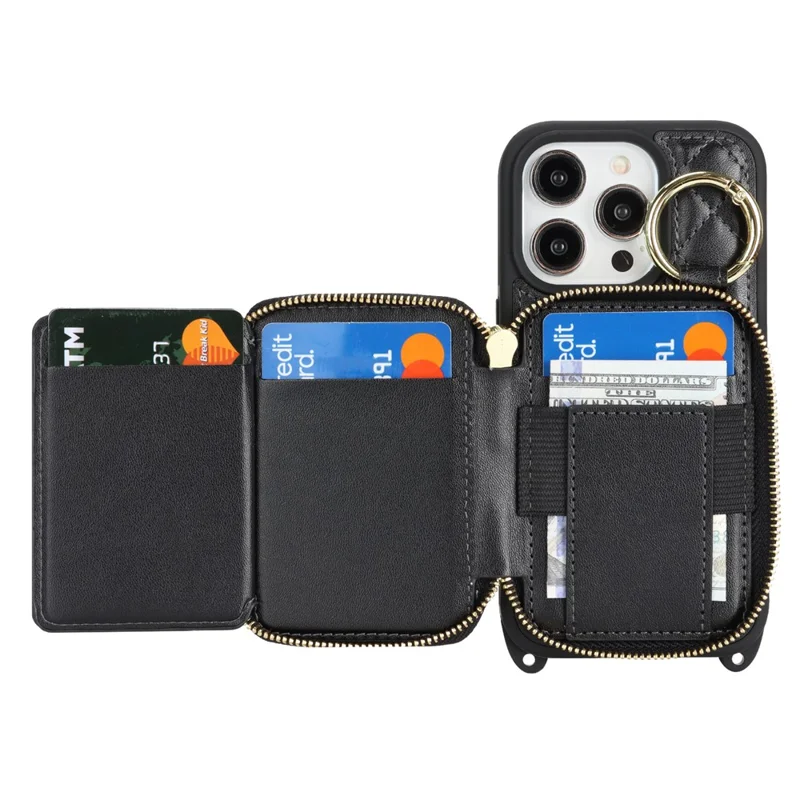 For iPhone 14 Pro Case Ring Holder Zipper Pocket Kickstand Leather Back Phone Cover with Shoulder Strap - Black