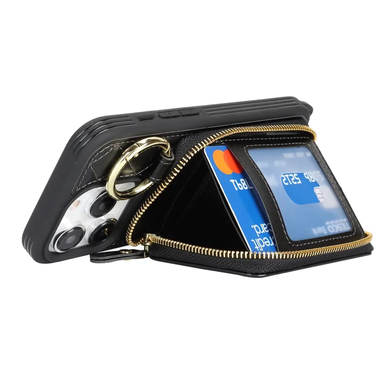For iPhone 14 Pro Case Ring Holder Zipper Pocket Kickstand Leather Back Phone Cover with Shoulder Strap - Black