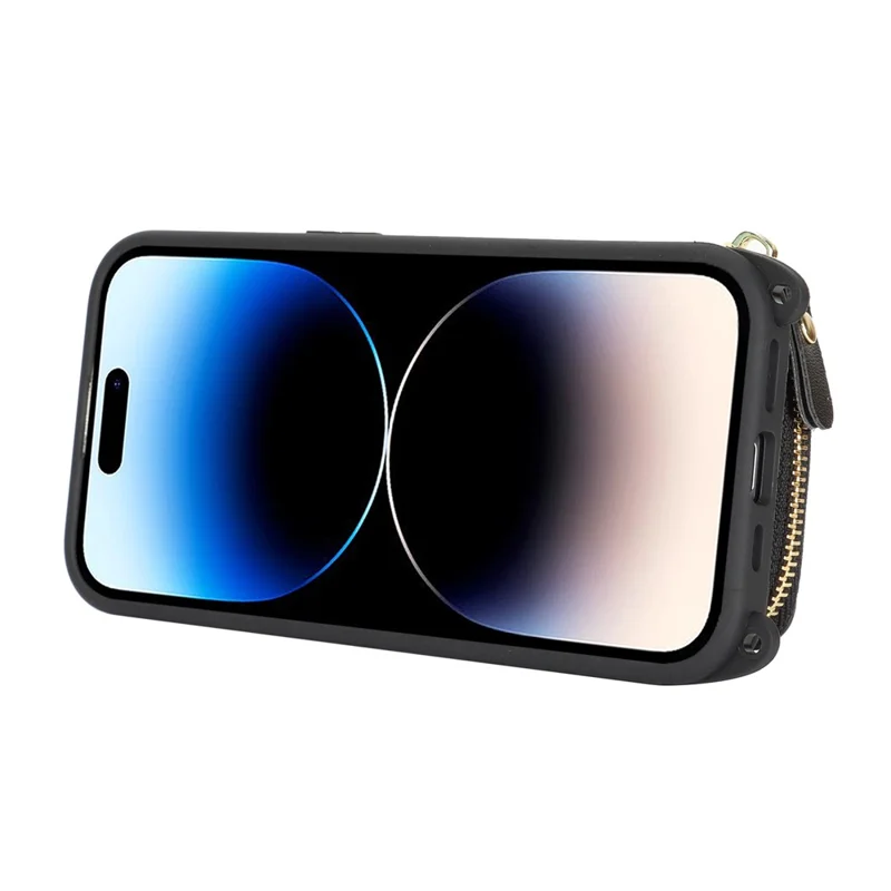 For iPhone 14 Pro Case Ring Holder Zipper Pocket Kickstand Leather Back Phone Cover with Shoulder Strap - Black